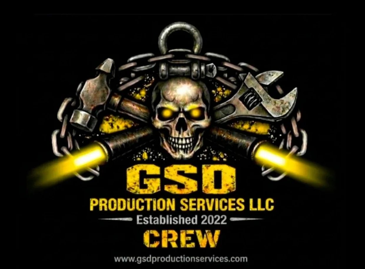 Logo of GSD Production Services LLC featuring a skull, tools, and chain motif.