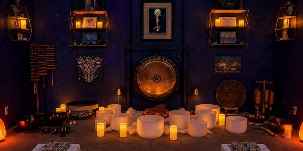 A dimly lit meditation room with candles, singing bowls, and cushions.