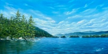 Original oil painting of the view looking south from Commission Point on lake George in upstate NY