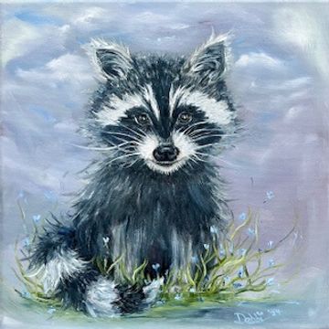 Whimsical original oil painting of a happy little Racoon on a purple and grey background