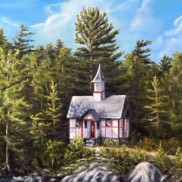 Original oil painting of Chapel of Isaac Jogues, Hecker Island, Lake George NY