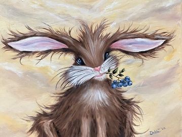 Original oil painting of a whimsical bunny rabbit holding blueberries