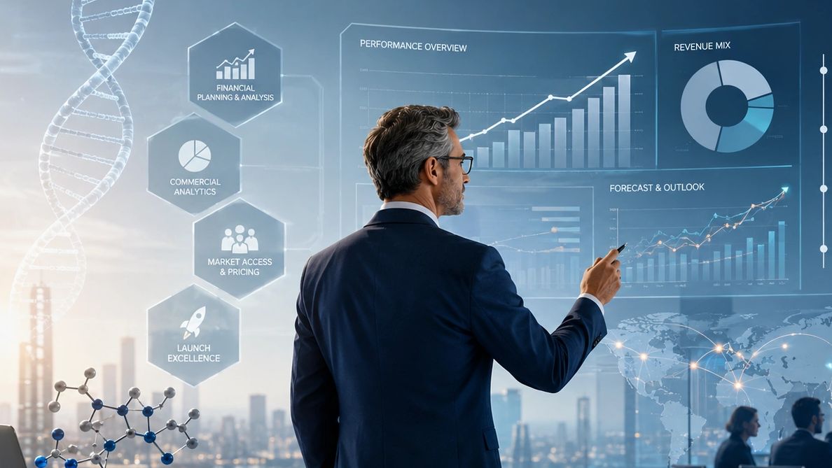 Businessman analyzing futuristic financial data on transparent screen.