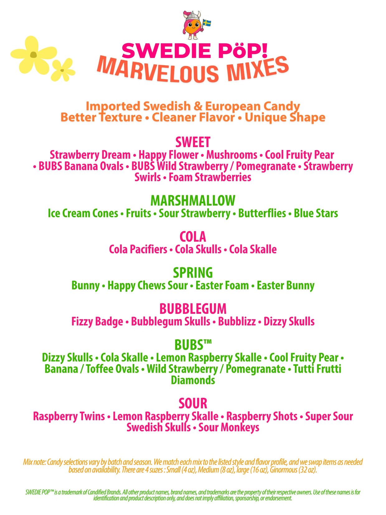 Swedie Pop! Marvelous Mixes candy selection with various flavors and shapes.