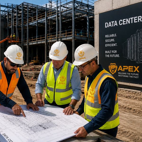 Three construction workers in safety gear reviewing blueprints at a data center site.