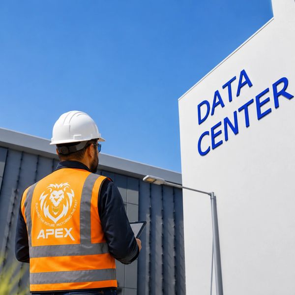 Worker in safety gear outside a data center building.