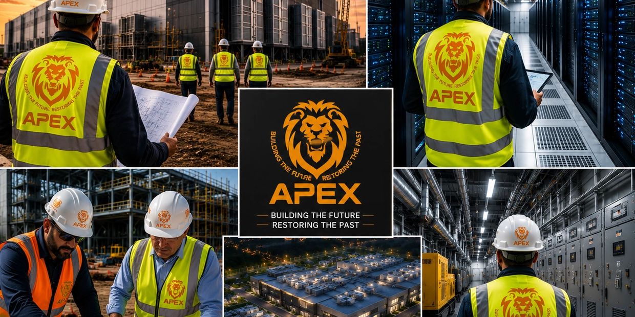 Construction and technology professionals wearing APEX branded safety gear on-site and in data centers.