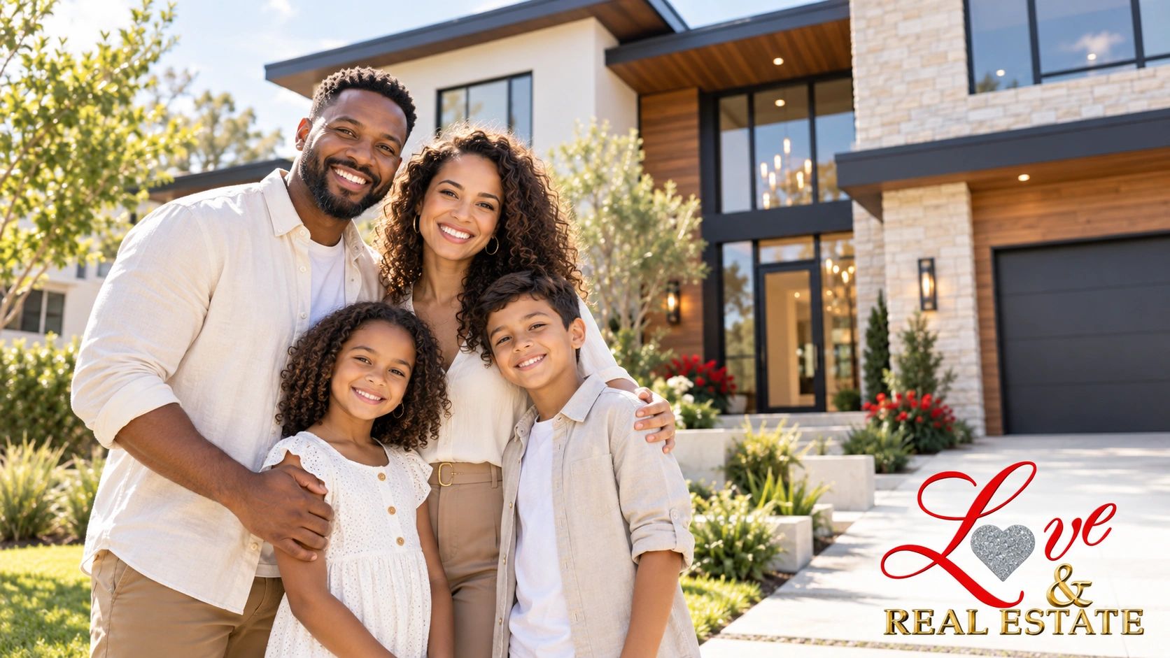 Happy family smiling in front of a modern house with Love &amp; Real Estate text.