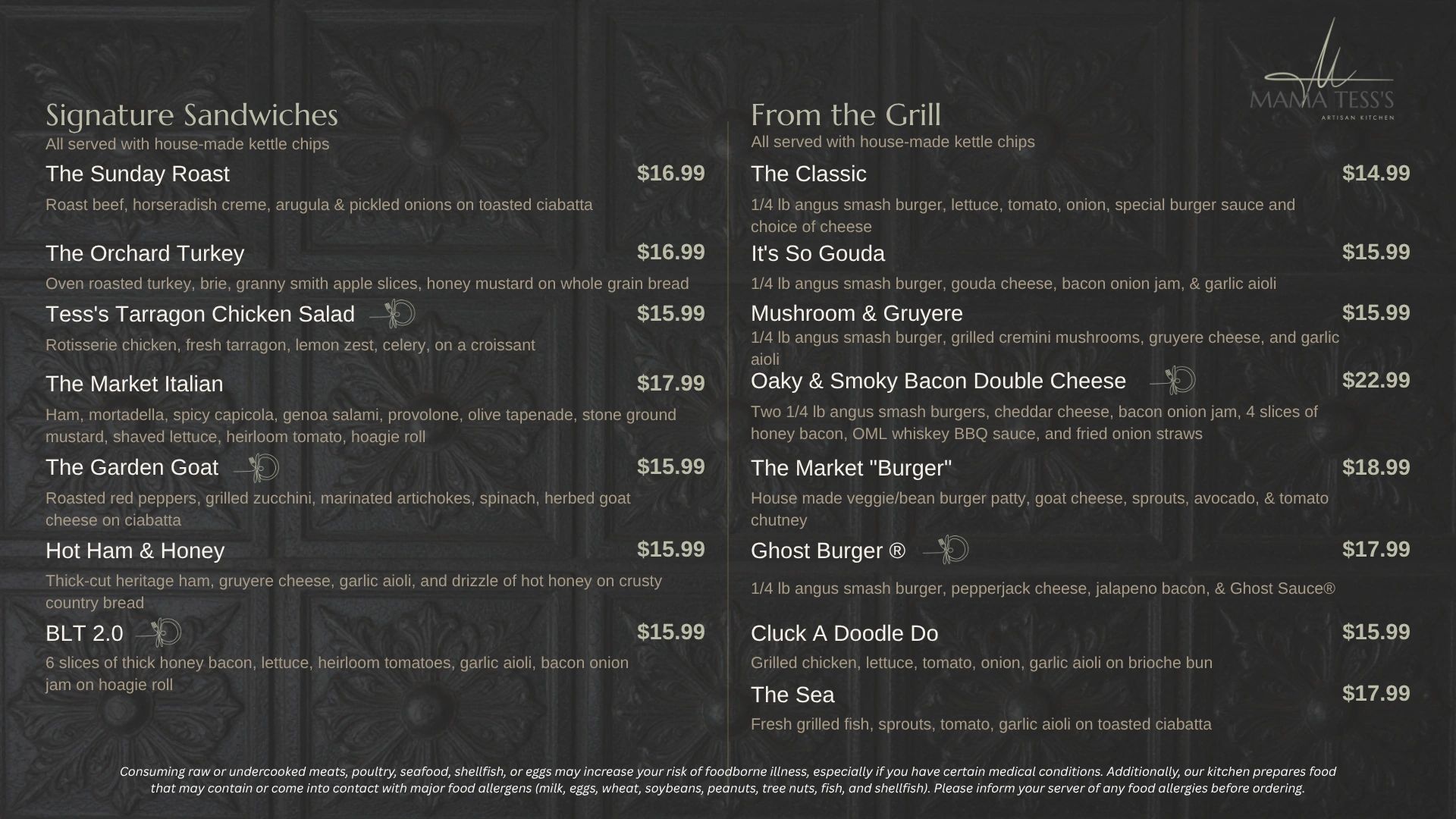 Menu featuring signature sandwiches and grilled burgers with house-made kettle chips.