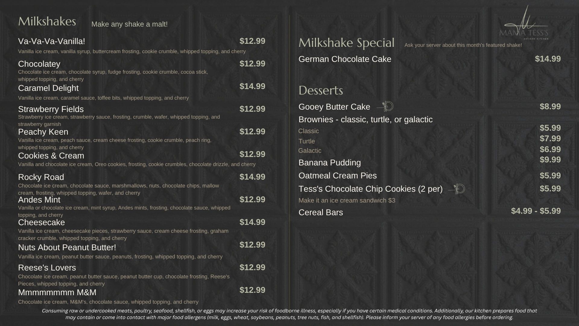 Menu featuring milkshakes, special shakes, and desserts with detailed prices and descriptions.