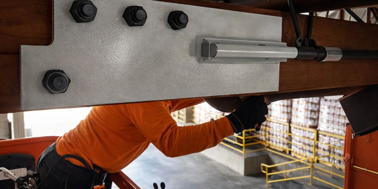 Worker in orange operating machinery in a warehouse.