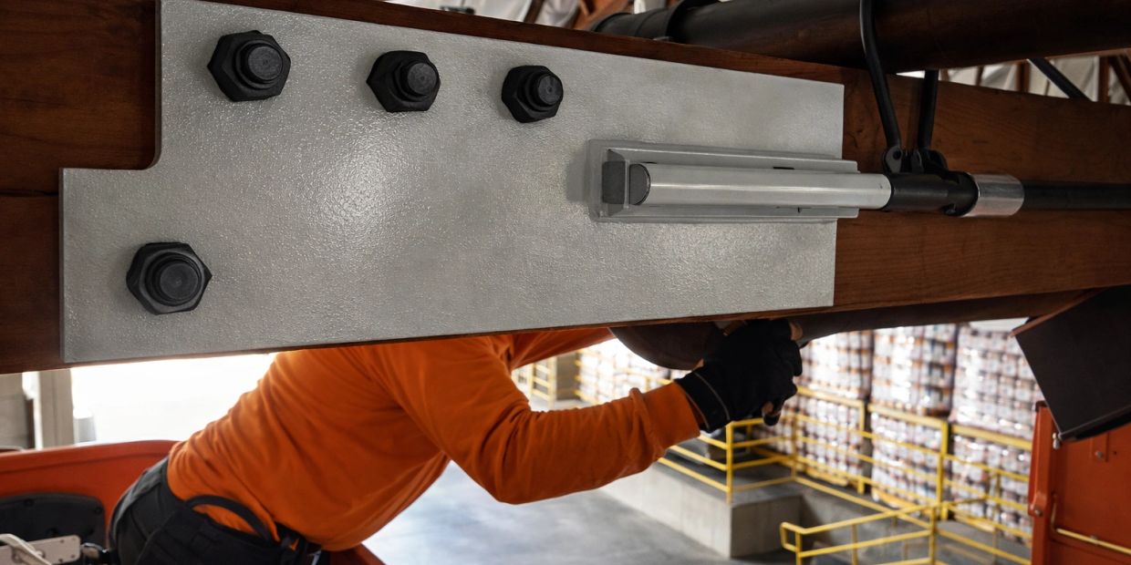 Worker in orange operating machinery in a warehouse.