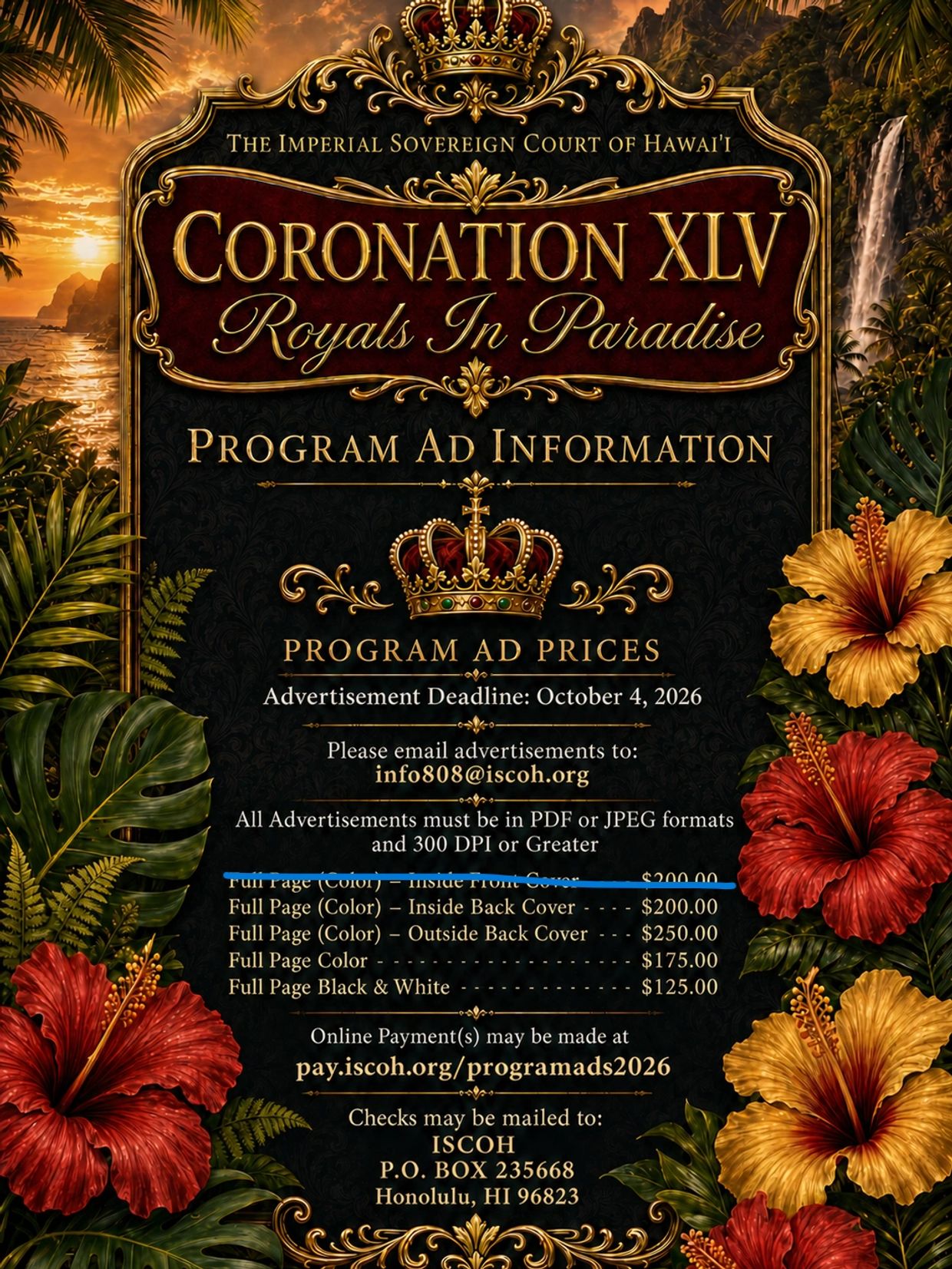 Advertisement for the Coronation XLV event in Hawai'i with program ad prices.