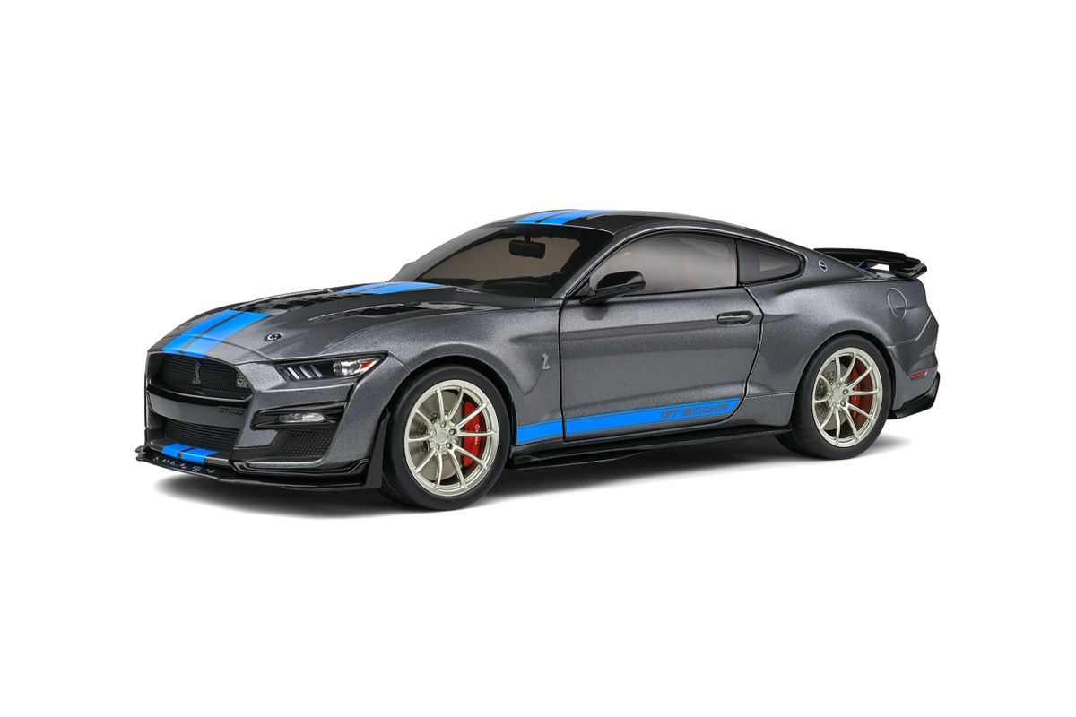 2022 FORD MUSTANG SHELBY GT500KR GRAY WITH BLUE STRIPES 118 BY SOLIDO