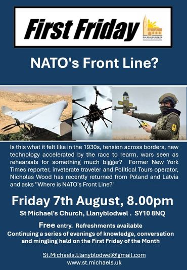Flyer for a NATO-themed event on 7th August at St Michael's Church, Llanyblodwel.