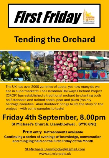 Event poster for First Friday: Tending the Orchard, Sept 4 at St Michael’s Church.