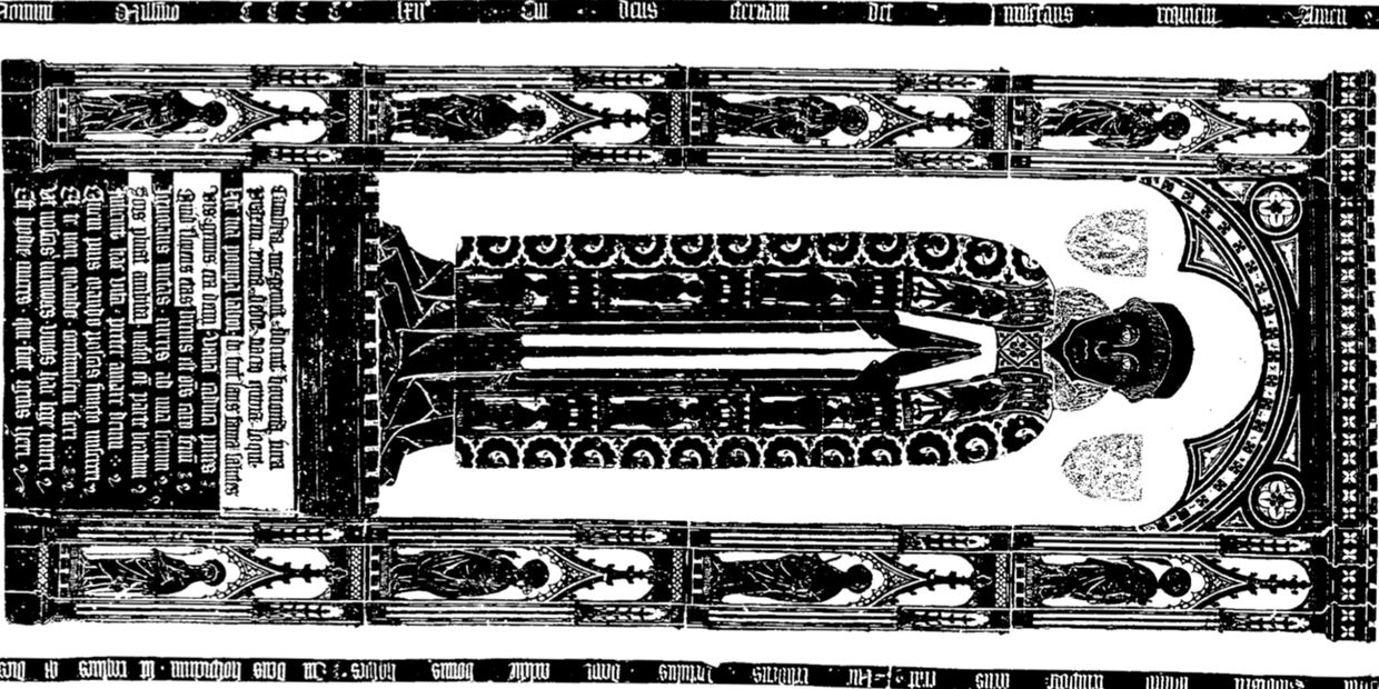 Black and white medieval tombstone engraving with a figure in intricate robes.