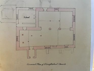 Architectural ground plan of Llanyblodwel Church showing layout details.