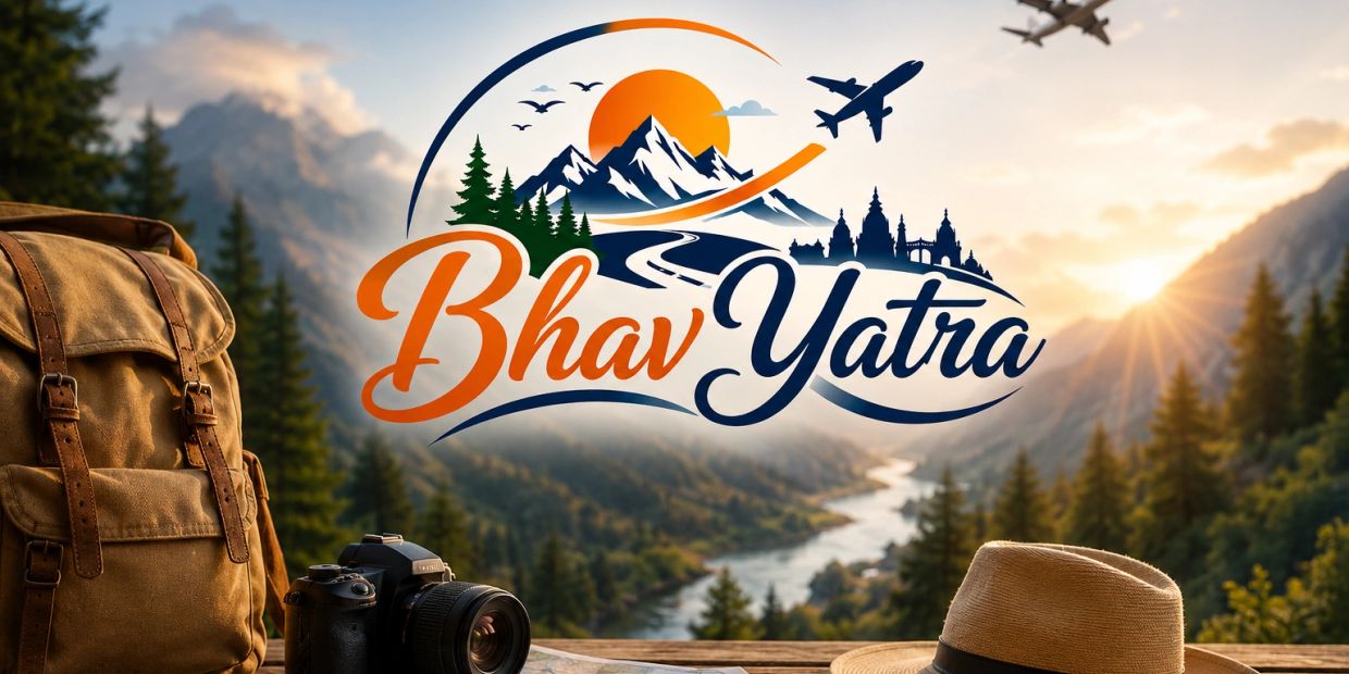 Travel gear with mountains and sunset logo saying Bhav Yatra.