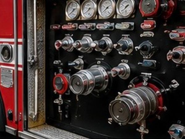 Close-up of fire truck control panel with gauges and valves.