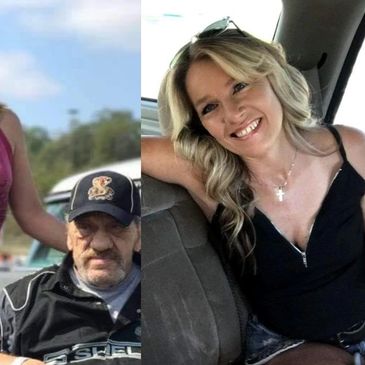 Two separate images: an older man with a cap and a smiling woman in a car.