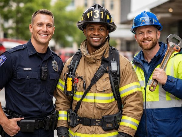 Three smiling professionals: police officer, firefighter, and utility worker.