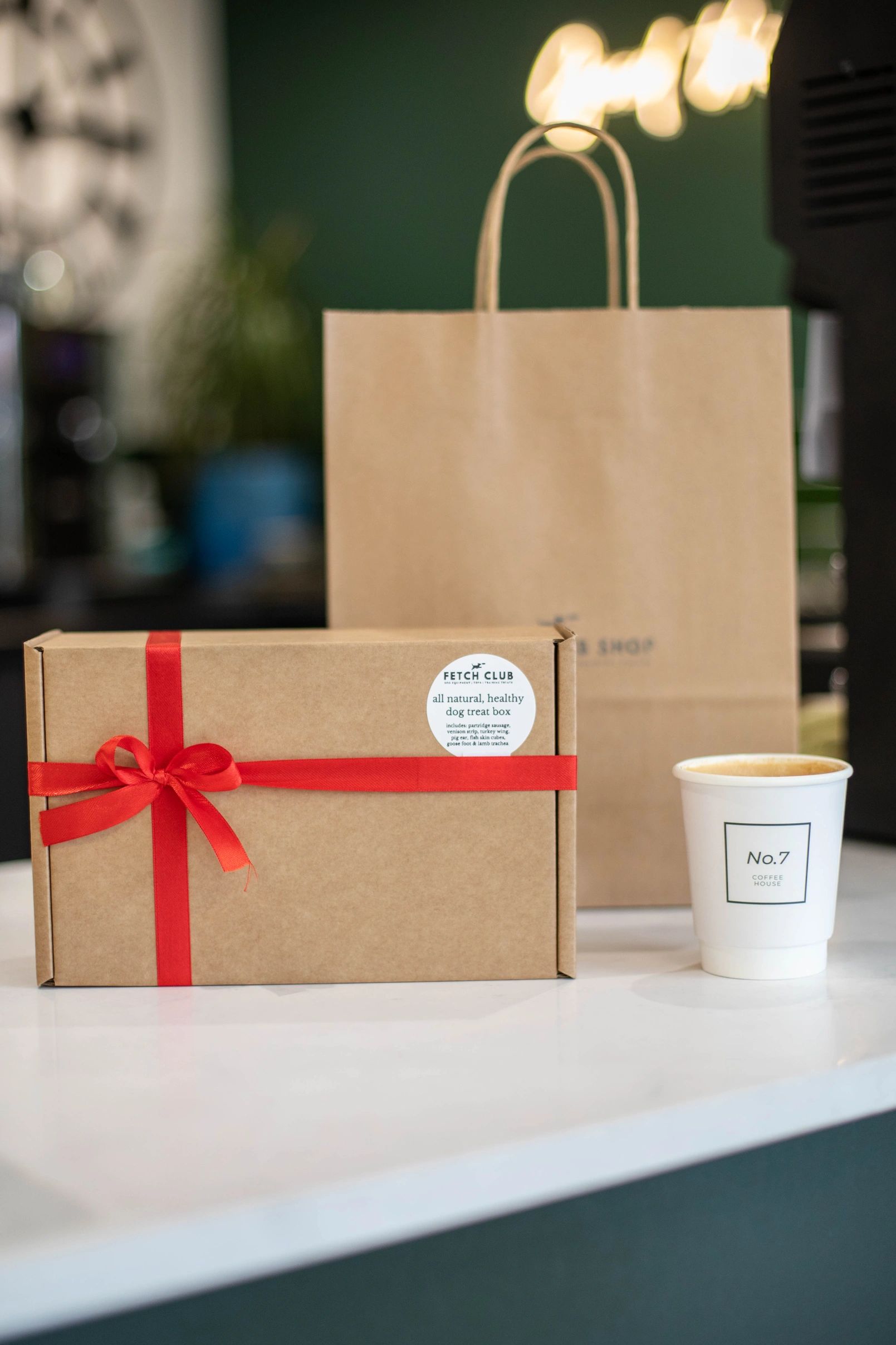 Dog treat box and coffee 