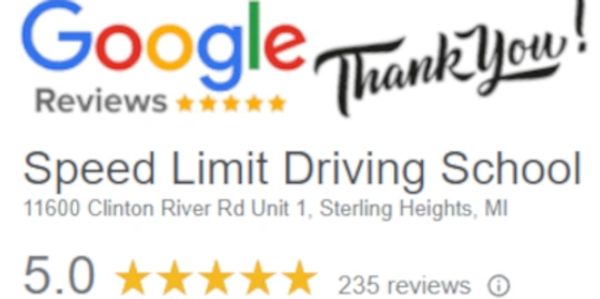 Google review showing 5-star rating for Speed Limit Driving School in Michigan.