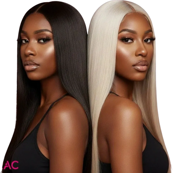 Two women with contrasting black and platinum blonde straight raw Indian hair, posing back to back in black tops.