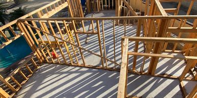 Wooden framework of a building under construction.