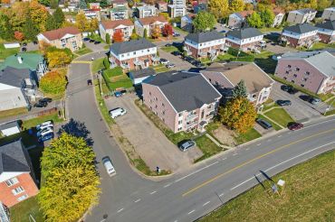 Aerial view of a residential neighborhood with houses and autumn trees.