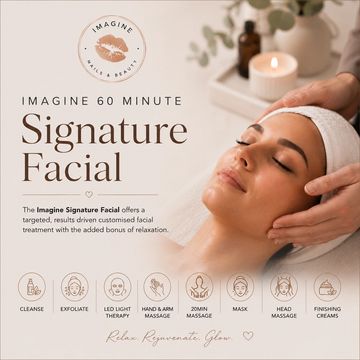 Woman receiving a relaxing 60-minute signature facial treatment.