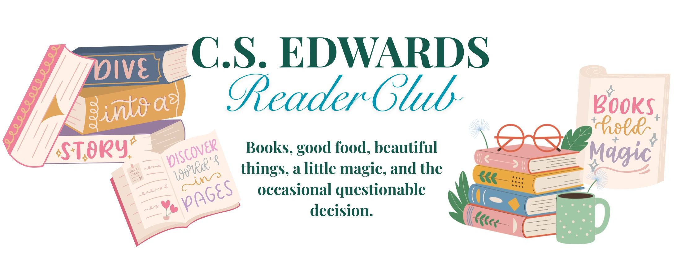 C.S. Edwards Reader Club with books and whimsical text.