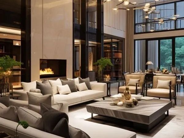 Luxurious modern living room with high ceilings and elegant furniture.