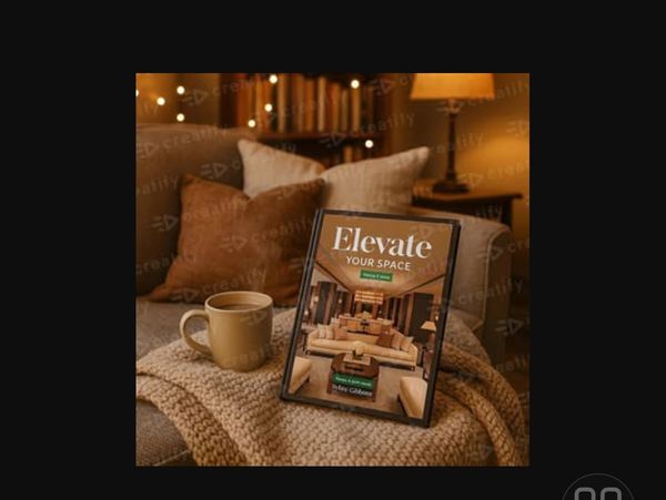 A cozy setting with a coffee mug and an 'Elevate Your Space' book on a knitted blanket.