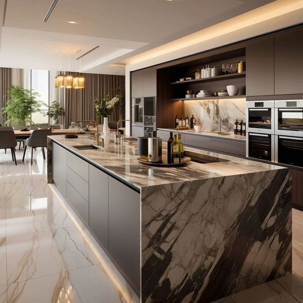 Modern kitchen with marble island and sleek cabinetry under warm lighting.