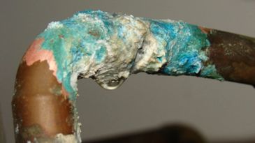 Corroded copper pipe, Leaking Pipe