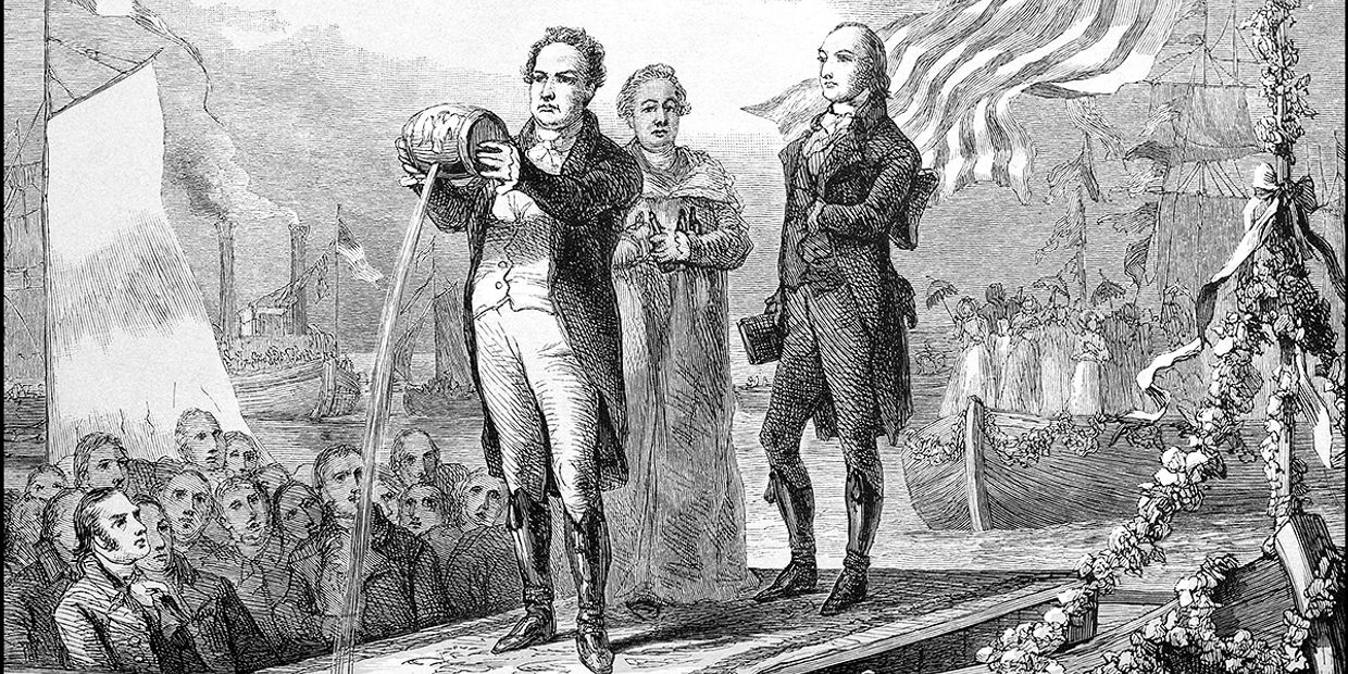Historical illustration of a man pouring liquid from a barrel during a ceremony.