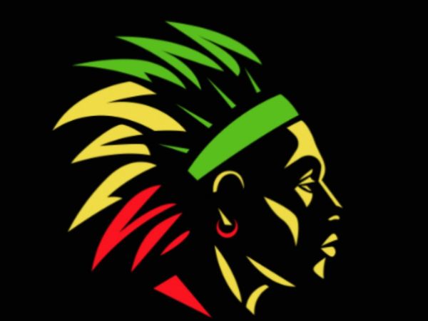 Stylized profile of a person with colorful hair and a headband on black background.