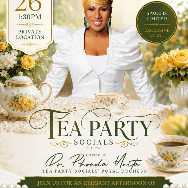 Invite to an elegant tea party hosted by Dr. Rhonda Anita.