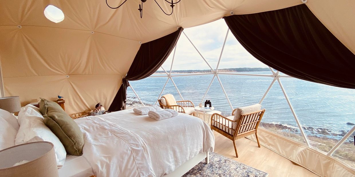 dome interior with cottage feel, overlooking ocean