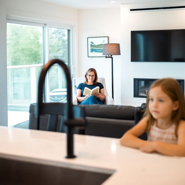 A woman and a young girl in a Nova Scotia cottage rental, creating a cozy family moment.
