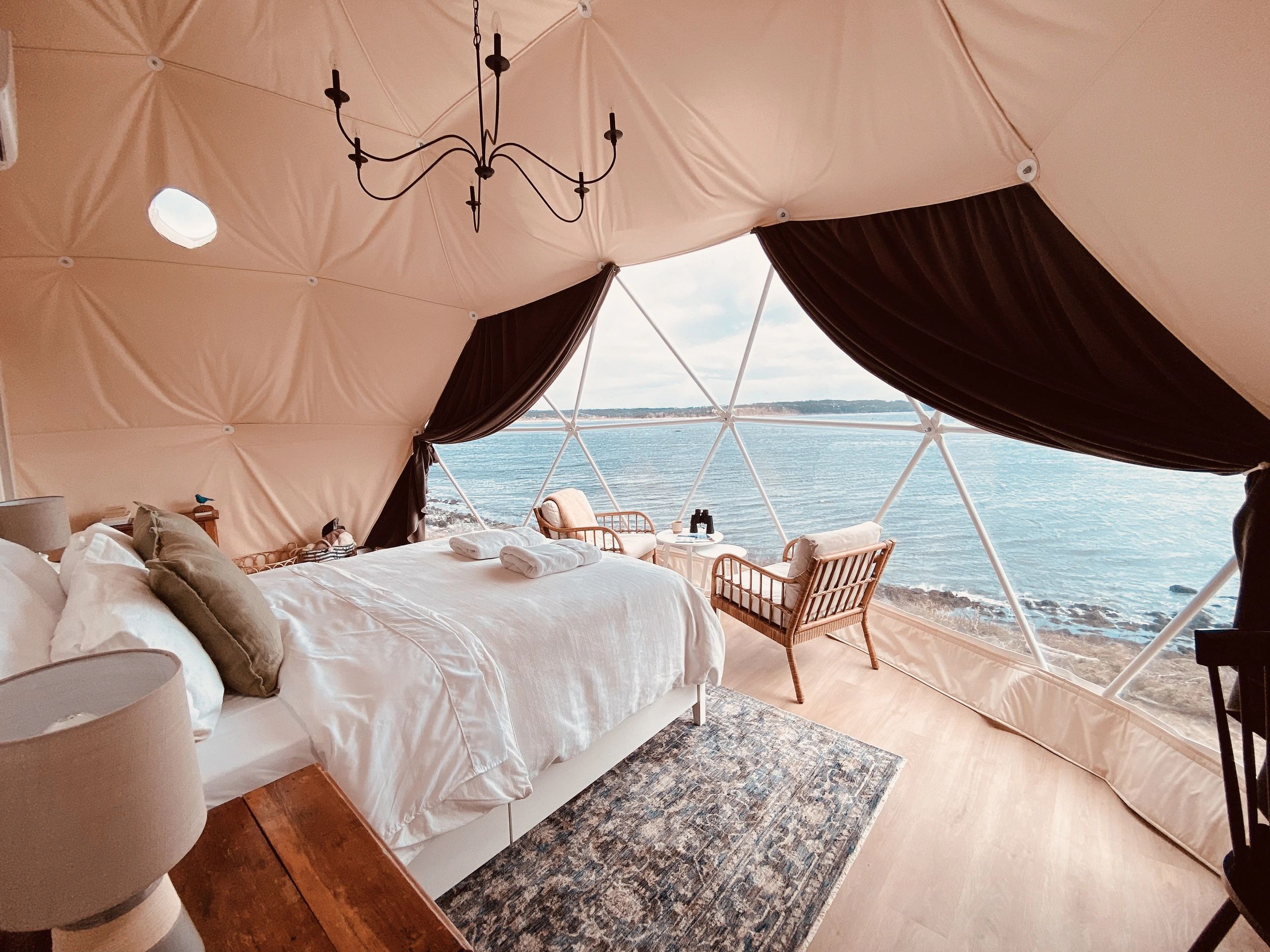 Stunning open concept glamping dome in Nova Scotia with incredible, expansive ocean views.