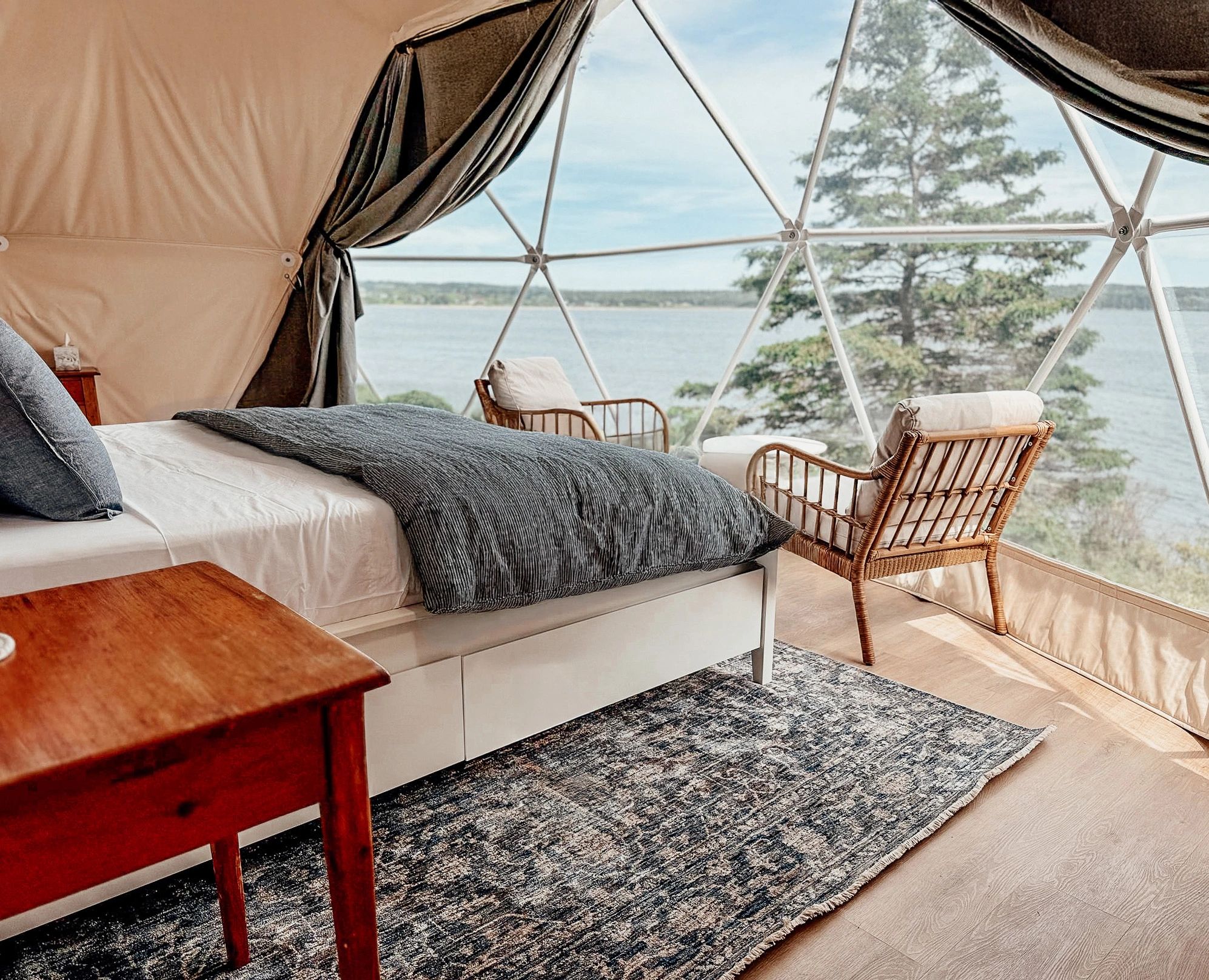 Nova Scotia glamping dome with beautiful luxury touches and expansive ocean views.