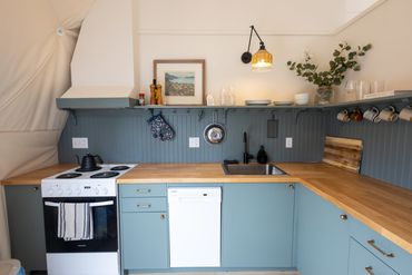 nova scotia dome full ikea bodarp kitchen with range, dishwasher, beadboard backsplash, farm shelf