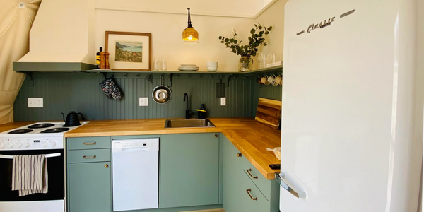 full, country style kitchen, range, fridge in dome