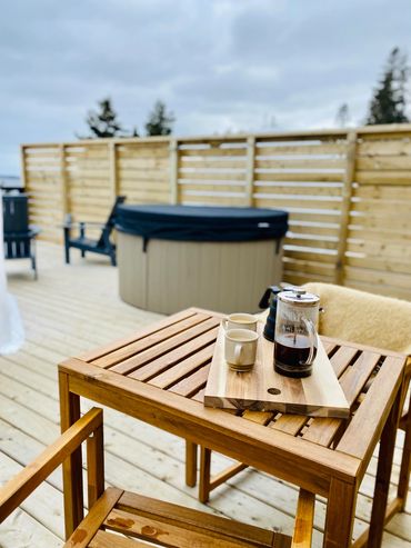 Nova scotia glamping dome private deck with dining area and hot tub