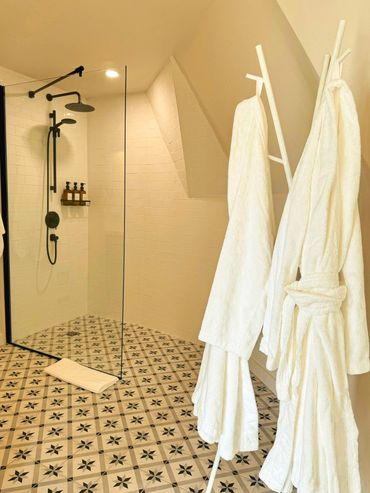 NS Dome full bathroom with spa robes and accessible roll in shower