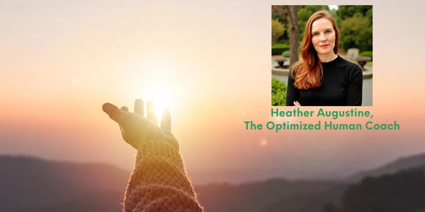 A hand reaching toward the sunrise with Heather Augustine's portrait and title.