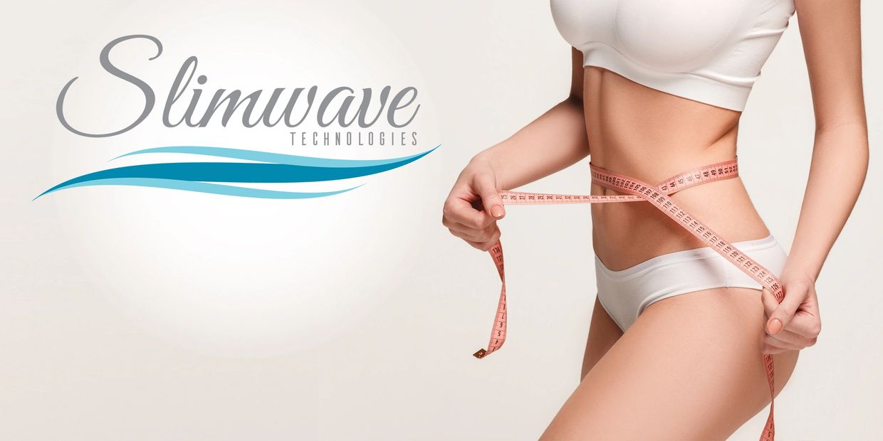 Woman with a tape measure around her waist and standing next to the Slimwave Technologies logo.